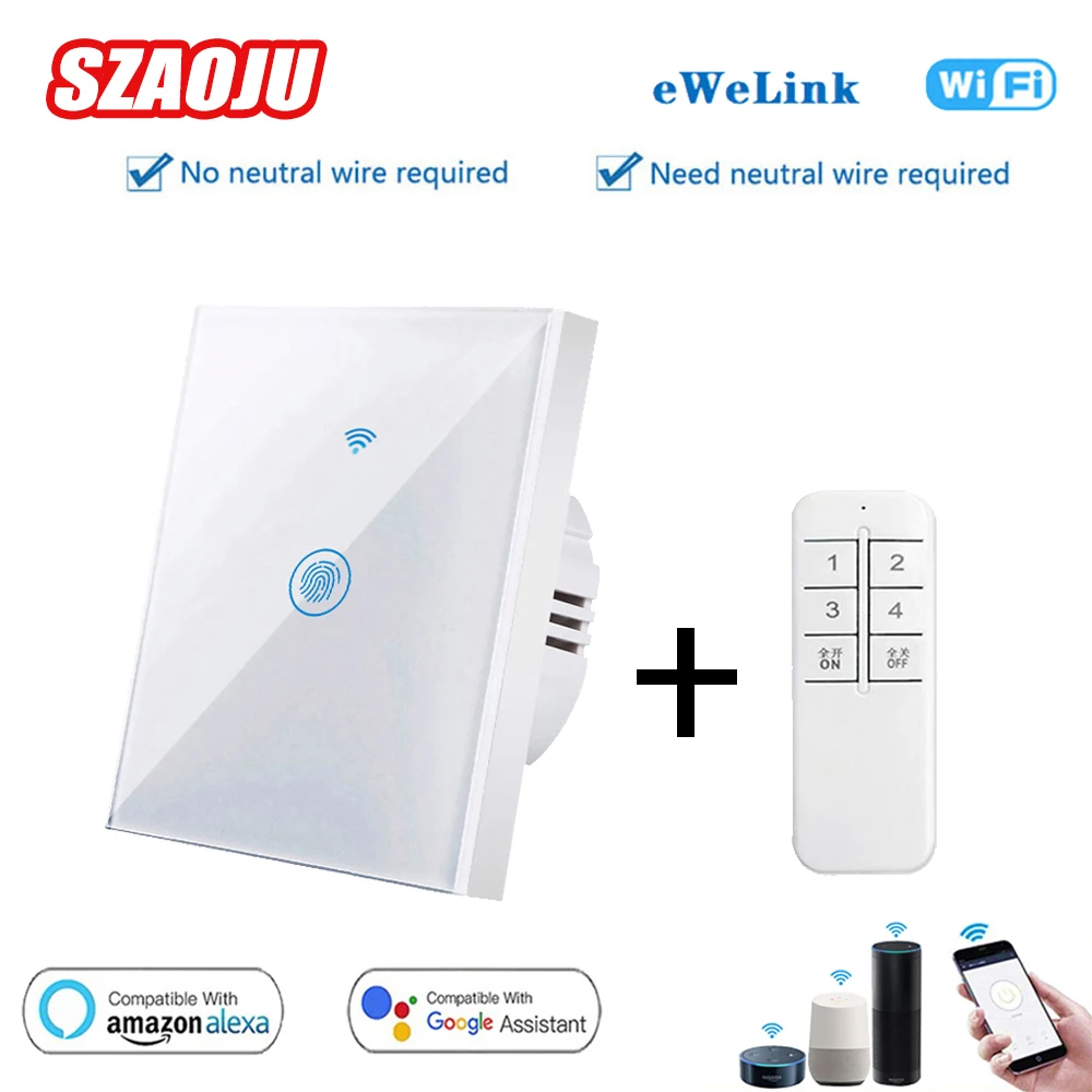 Szaoju EWelink APP WiFi Smart Light Touch Switch EU Wall Sensor Switch EU No Neutral Wire AC110-220V  Support Alexa Google Home