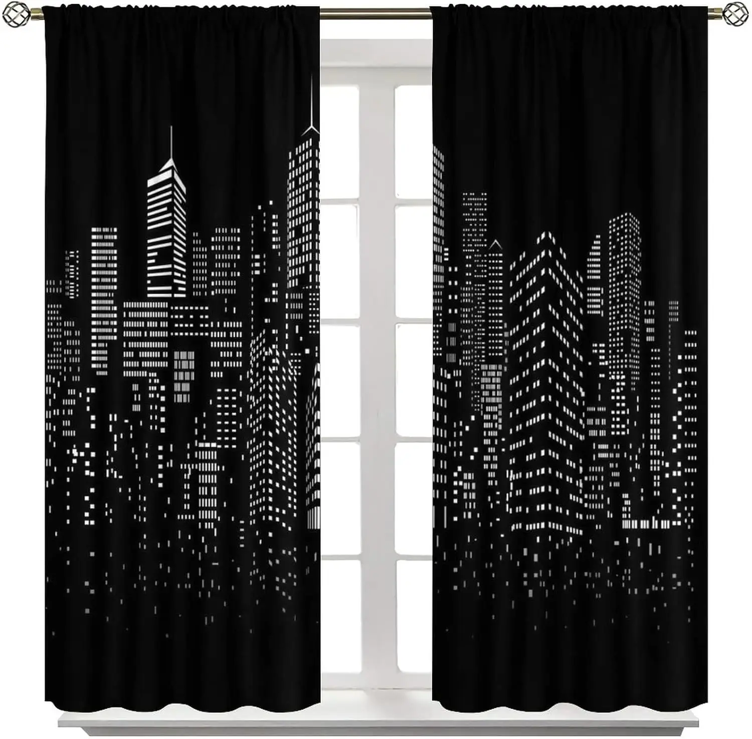 New York Curtains Black White Modern Night City Window Drapes for Bedroom Living Room Cafe 2 Panels W42 x L45 Inch