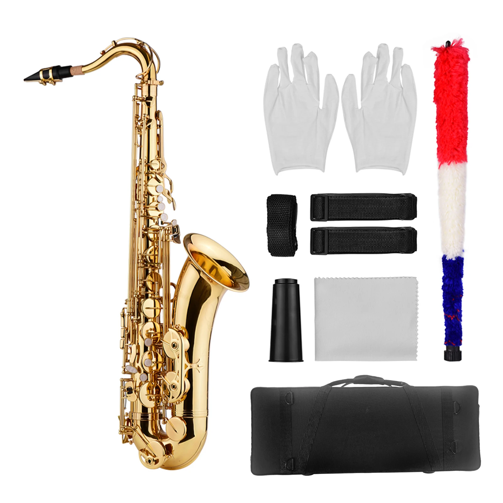 Bb Tenor Saxophone Sax Brass Body Gold Lacquered Surface Woodwind Instrument with Carry Case Gloves Cleaning Cloth Brush Sax