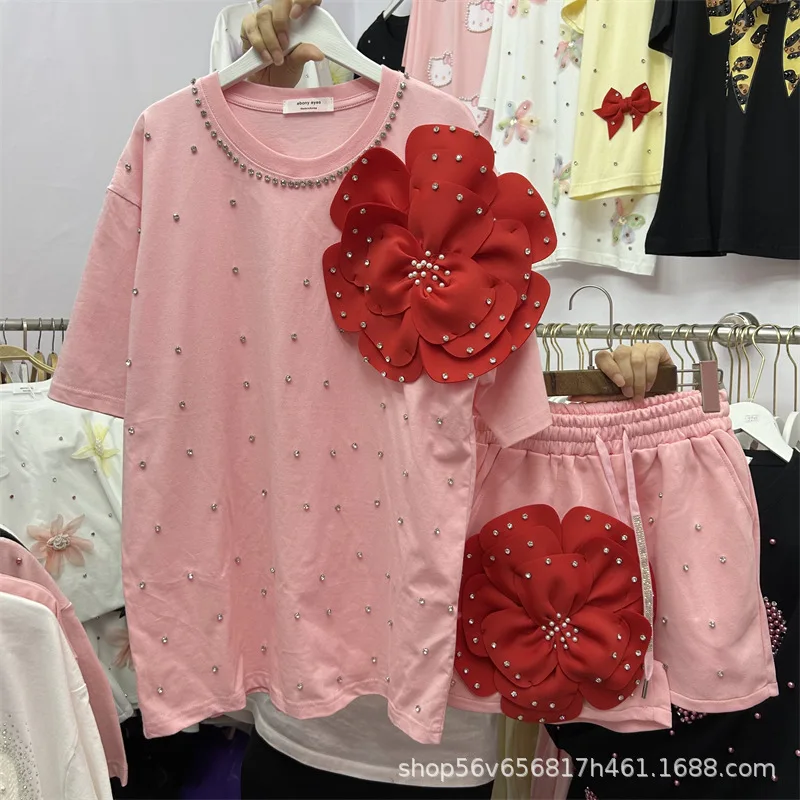 Summer Women Diamonds Beaded 3D Big Red Flower T-shirts Pearls Tees Short Sleeved Tops + Elastic Waist Wide Legs Shorts 2Pcs Set