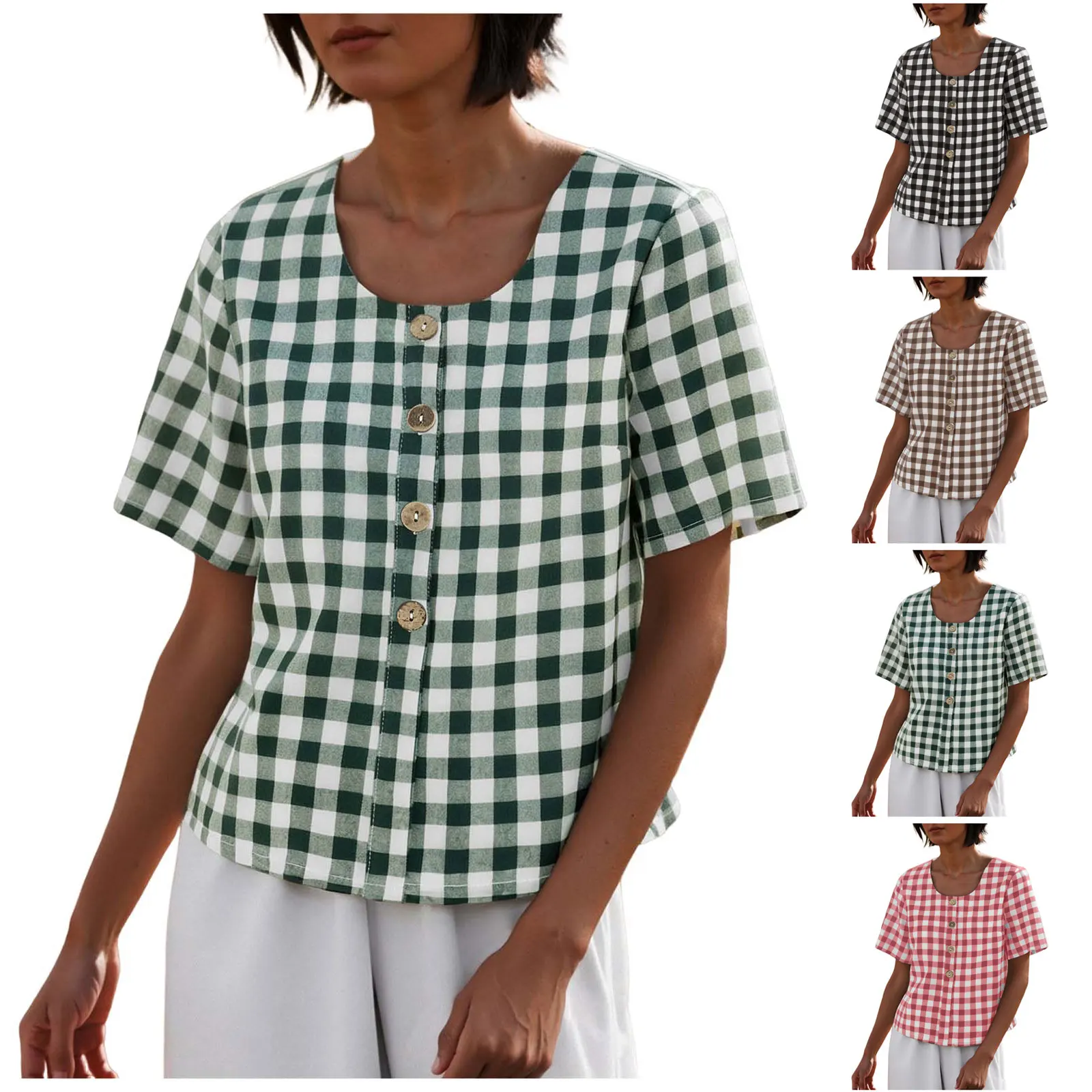 

Women's Plaid Button Shirt Casual Loose Fit Half Sleeve Tunic Tops Summer O Neck Cotton Tees Shirts For Women Fashion Camisetas