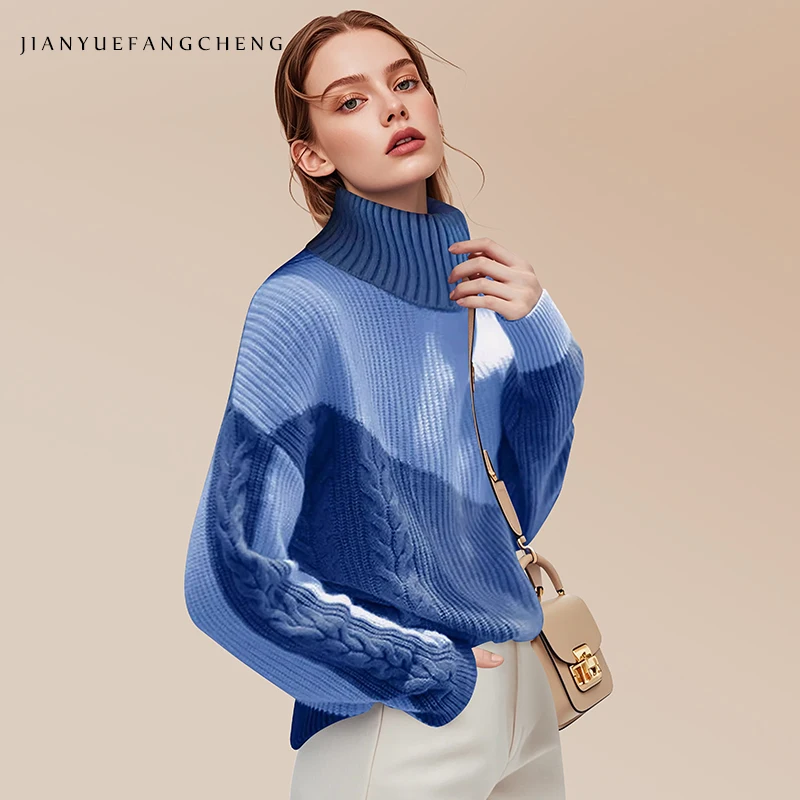 Women' Blue Color Blocking Turtleneck Sweater 2024 Fall Winter Warm Thicken Knitted Sweater Loose Casual Long Sleeve Tops