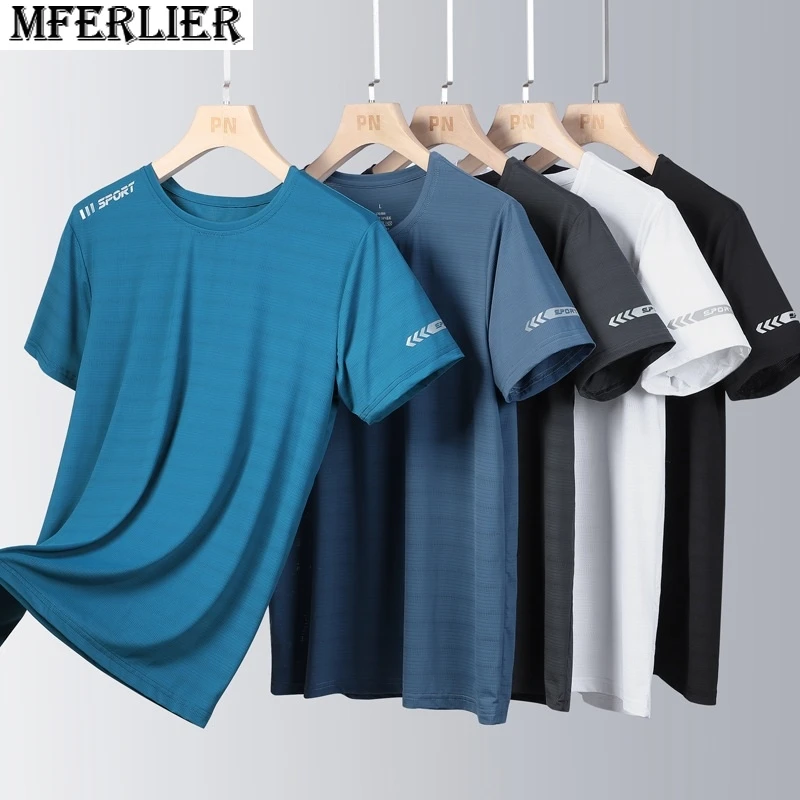 

Summer men's ice silk short-sleeve t-shirt striped thin casual loose plus size gym work out quick-dry tops breathable mferlier