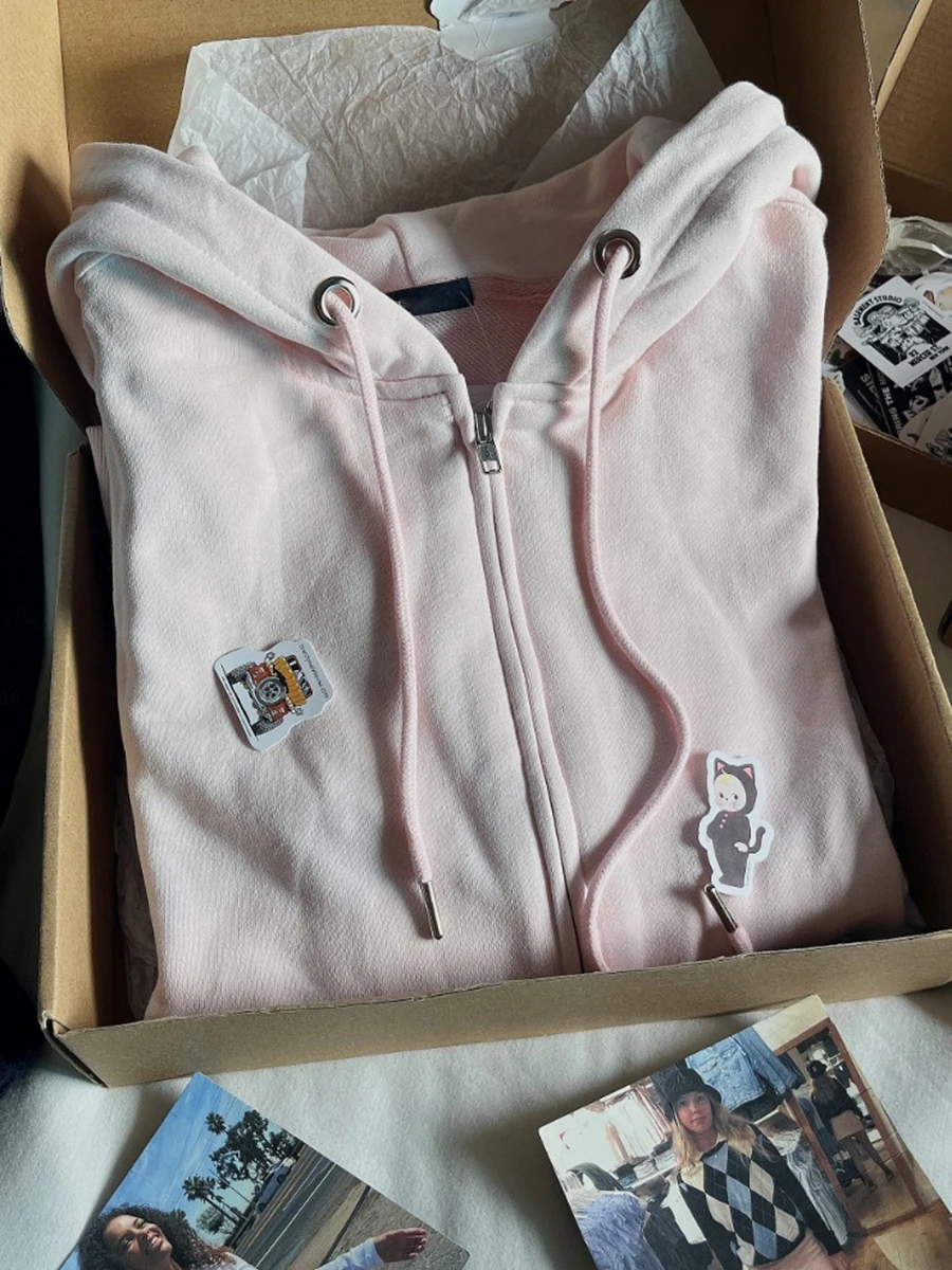 Rosa süßer übergroßer Kapuzenpullover, Herbst, langärmelig, mit Kapuze, Reißverschluss, Baumwoll-Sweatshirt, lässig, einfach, Adrette, niedliche Hoodies, Top für Damen