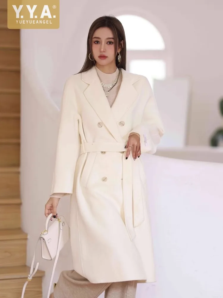 

Luxury Women Double-Sided Woolen Blends Coat Elegant Ladies Double Breasted Belted Long Wool Trench Autumn Winter Work Overcoat