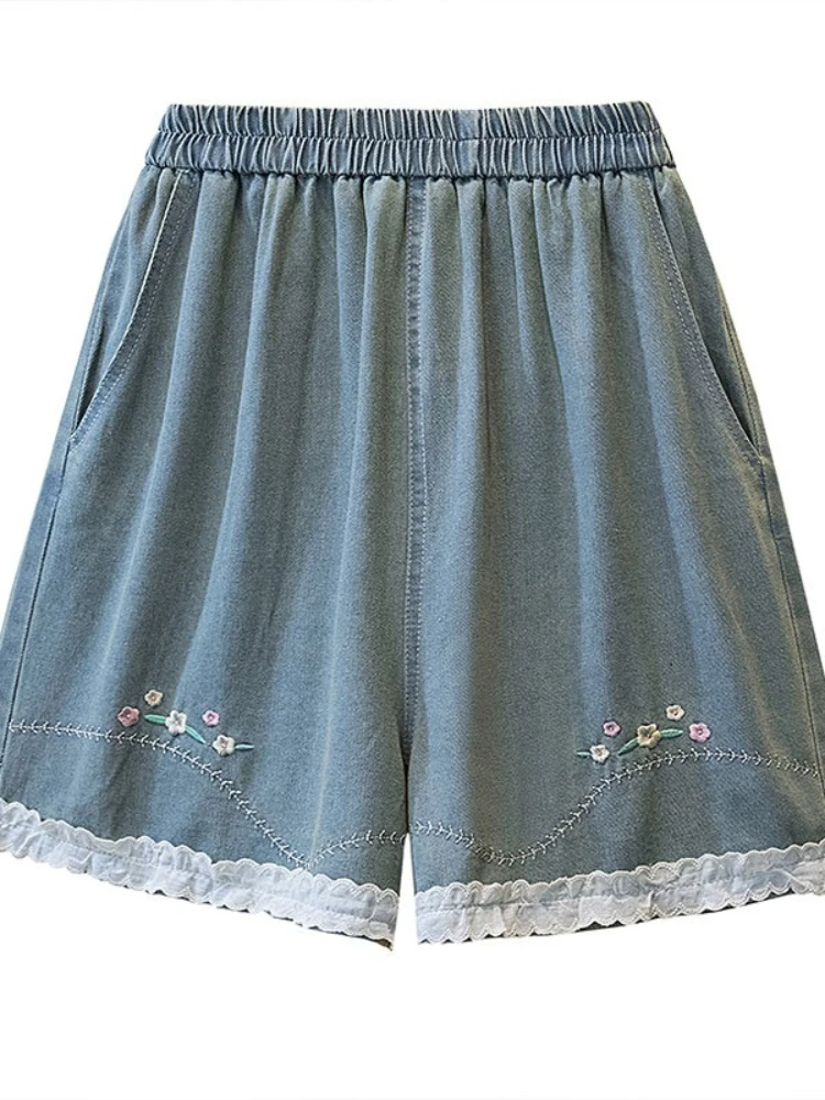 Damskie szorty jeansowe z koronkowym haftem, letnie, nowe, z wysokim stanem, cienkie, luźne, designerskie, modne, z szerokimi nogawkami, długość do połowy łydki.