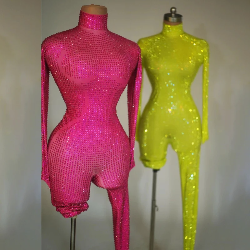 Green Rose Red Rhinestones Stretch Jumpsuit Bar Dj Ds Gogo Dancer Costume Women Sexy Pole Dance Clothing Drag Queen Outfit 8016