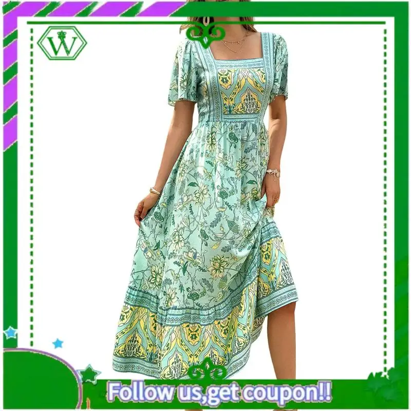 A18P-Mulher 2025 verão manga curta boho estampa floral em camadas casual flowy longo maxi vestido