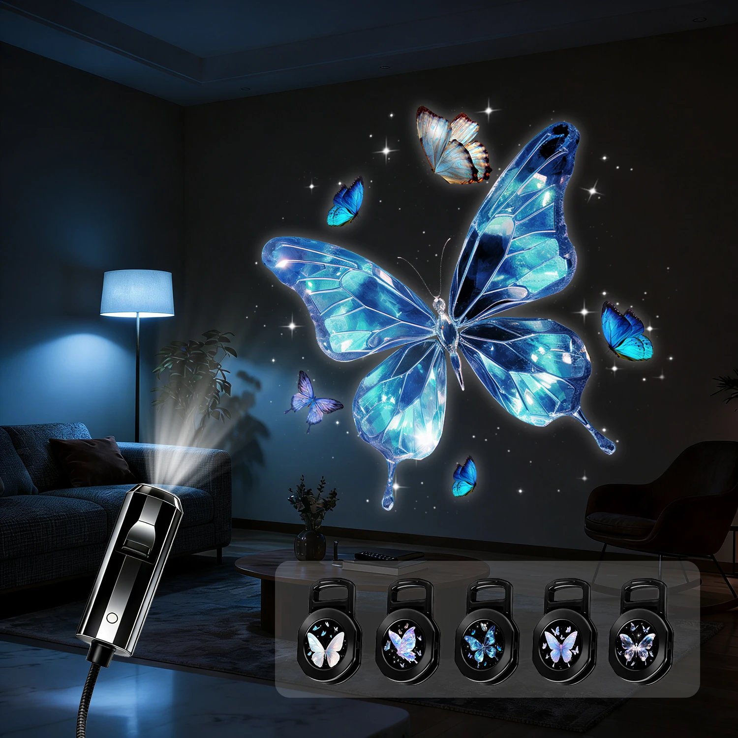 Colorful Butterfly Projection Light, 5 Interchangeable Patterns, 360° Rotation, Create a Romantic Bedroom Ceiling Decoration.