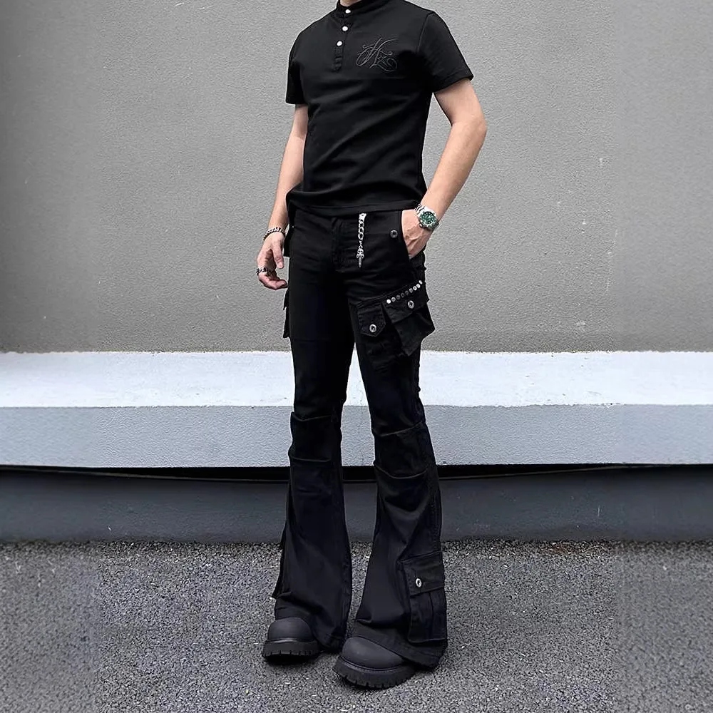 Black Cargo Pants Pleats Multiple Pockets Rivets Straight-leg Slightly Flared Jeans Man Woman Cool Fashiuonable Personality