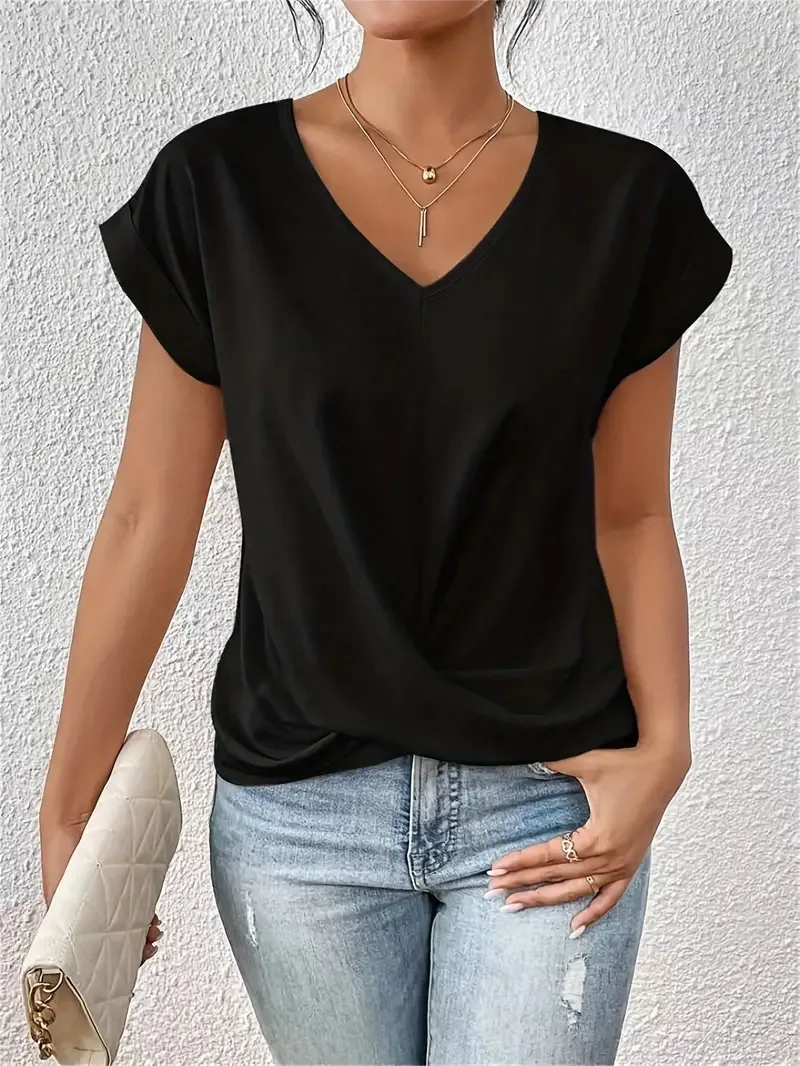 Elegant Solid Color V-Neck Short Sleeved Top Women's Simple Pleated T-Shirt Summer Every Day Casual Shirts