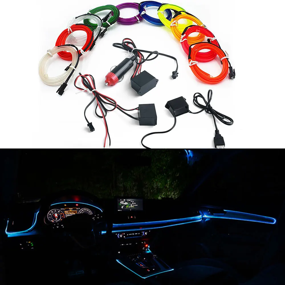 1M/3M/5M Neon LED Car Interior Decorative Lamps Strips USB Drive For DIY Decorative Dashboard Console Ambient Light Cold Light