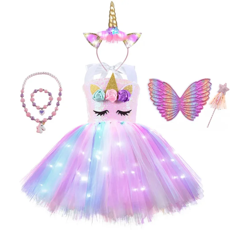 Costume da sirena unicorno per ragazze di natale con vestito Tutu luminoso a LED con ali Cosplay per ballerine per bambini per la festa di compleanno