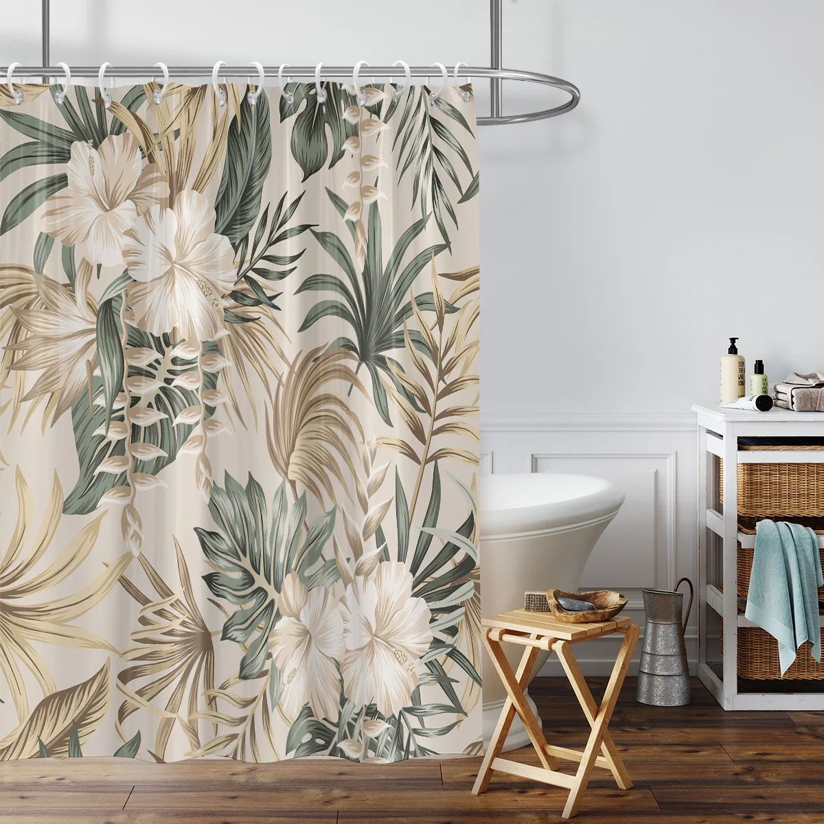 1pc Modern Light Luxury Hibiscus Flower Print Waterproof and Mildew-proof with Hook Machine Washable Bathroom Shower Curtain