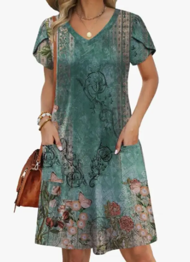 

2026 summer new women's clothing comfortable, fashionable, elegant and casual V-neck pocket short sleeved dress