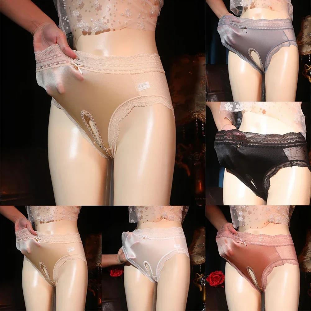 Women Silky Sexy Seamless Soft Erotic Open Crotch Lace Sheer Panties Crotchless Briefs Sheer Knickers Female Underwear Briefs