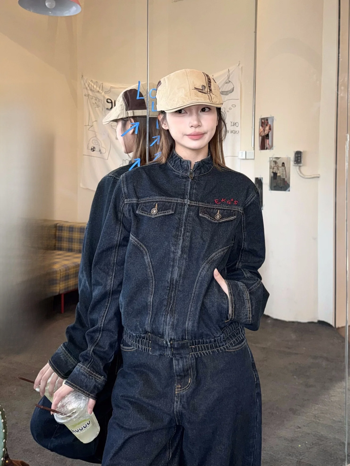 

XFX американский ретро свободный воротник с вышивкой джинсовый джинсовый джинт женский осенне-зимний повседневный уличный маленький модный комплект