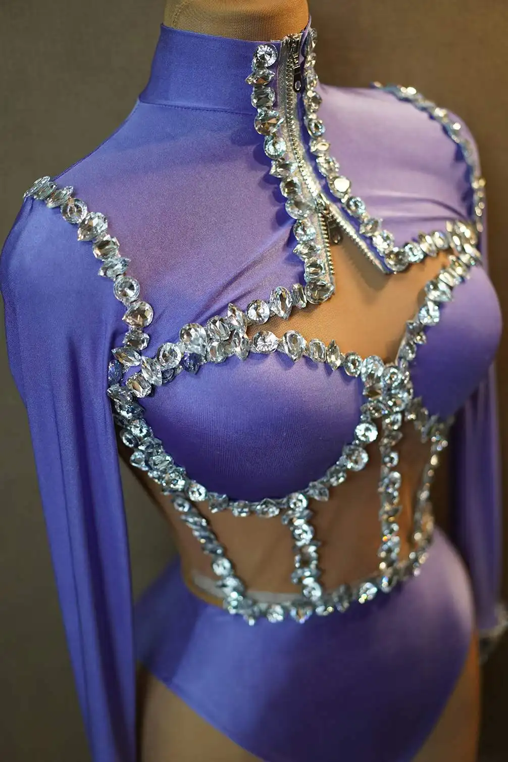 Sparkly Rhinestone Bodysuits For Women Long Sleeve Body Suits Purple Red Dance Drag Queen Costume