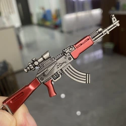 Realistic Images Mini PUBG Gun Keychain Metal AKM Weapon Model 9cm Alloy AK47 Light Key Chain Car Pendant Kid Gift Toy Free Base