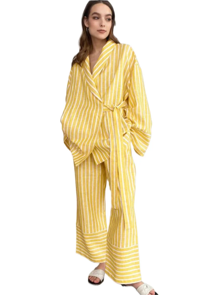 

Fashion Women's Two Piece Sets Striped Turn Down Collar Pajamas Long Sleeve Lace Up Tops Loose Straight Pants Ladies Pant Sets