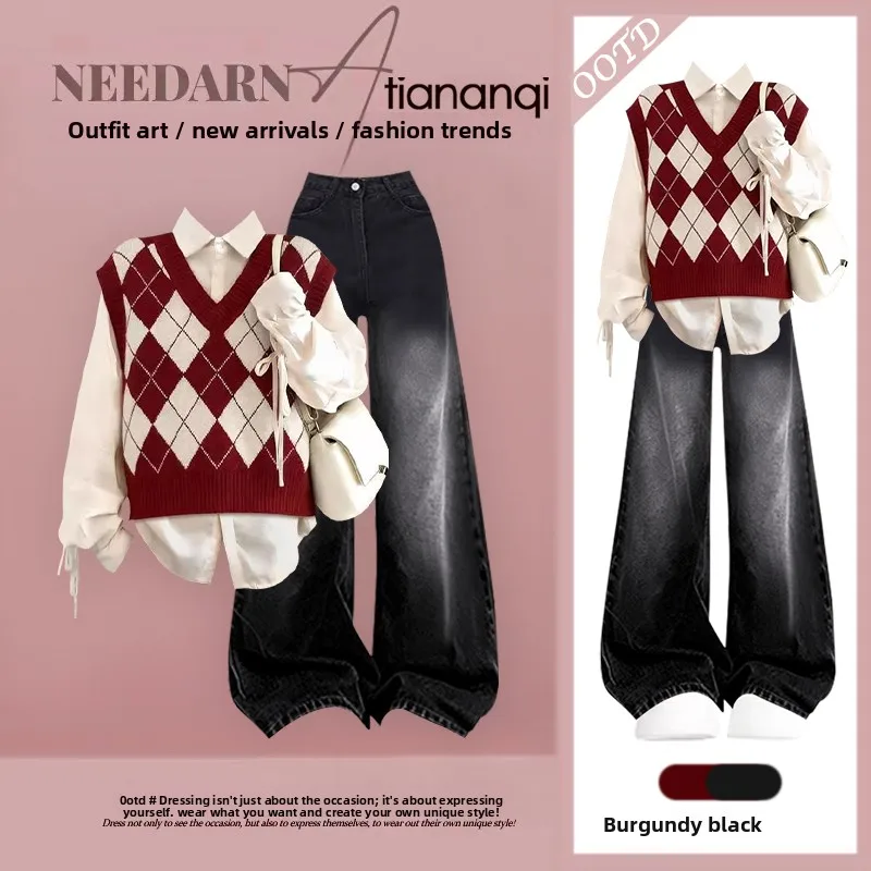

2026 New Sle College Faion Women's Anti-Aging Unique Vest T-irt High Waist Jeans Two-Piece Set Winter Season Women's Cl...