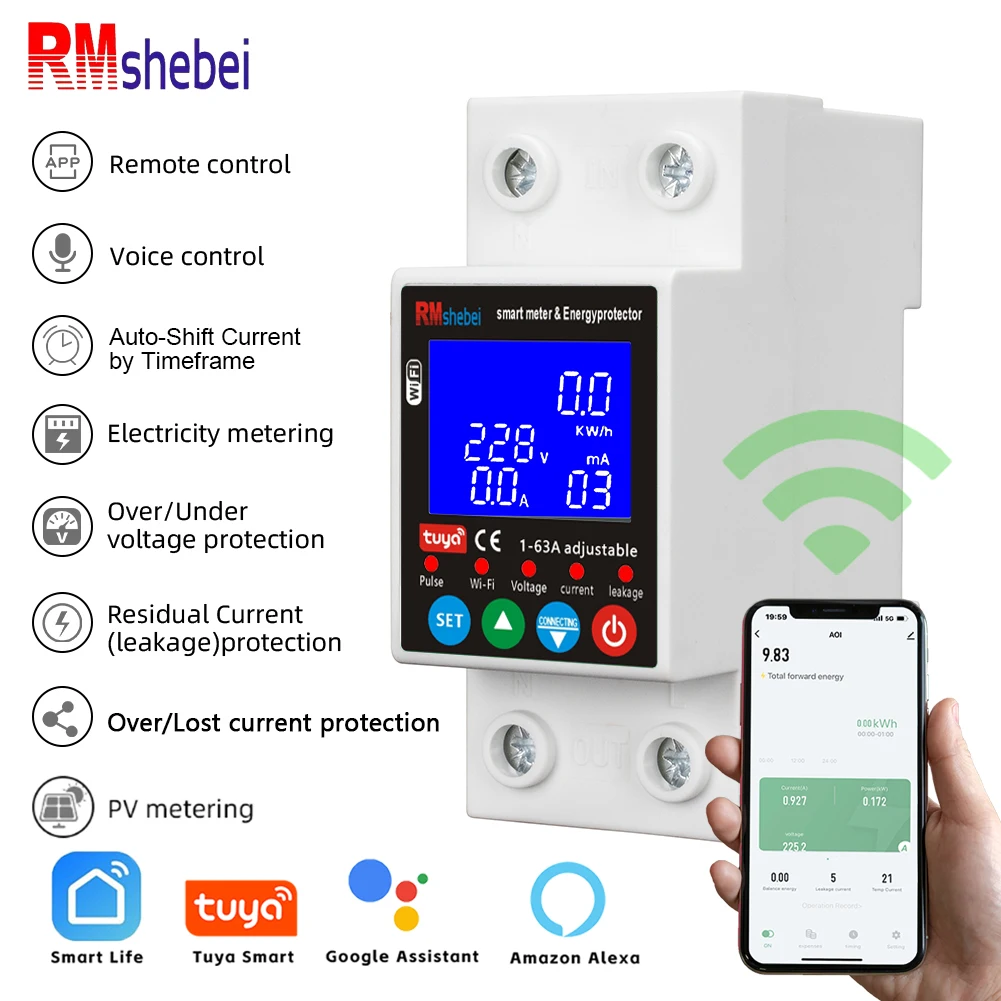 RMshebei Smart Life PV Smart Circuit Breaker Tuya Voltage Relay 220V WiFi Current Leakage Protection MCB Automatic Switch 63A