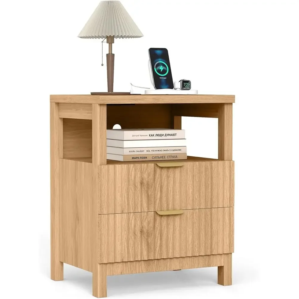 Oak Nightstand with Dual Charging Ports - Compact Storage for Bedroom and Study