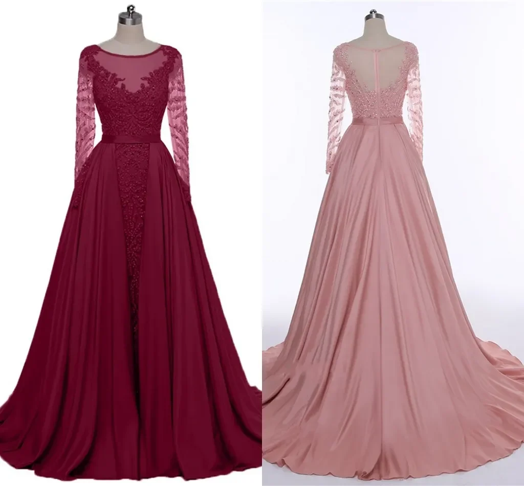 2026 New High Quality Wine Red Evening Dresses Heavy Handmade Long Sleeve Dance Party Dresses bean Paste Long Tail Prom Dresses