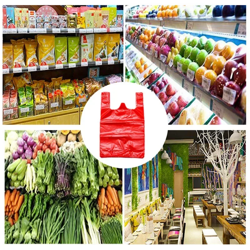 50 pz/lotto sacchetto di plastica con manico rosso addensare gilet borse supermercato negozio di alimentari regalo Shopping Bag casa cucina forniture