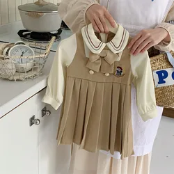 Children Girls Dress Spring Autumn New Fake Two Pieces Preppy Style Kid Girls Dress Patchwork Pleats Bowknot Baby Girls Dress