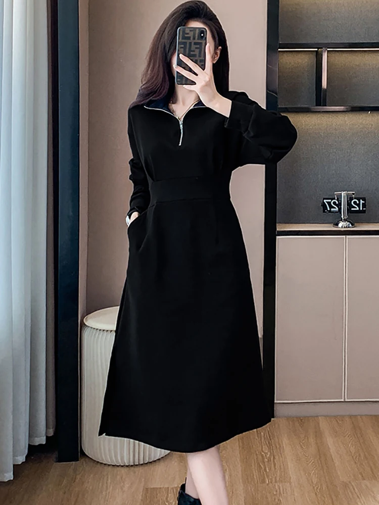 Herbst Winter Schwarz Langarm Polo Kragen Midi Kleid Frauen Vintage Hepburn Luxus Abendkleid 2025, Koreanische Elegante Prom Kleid
