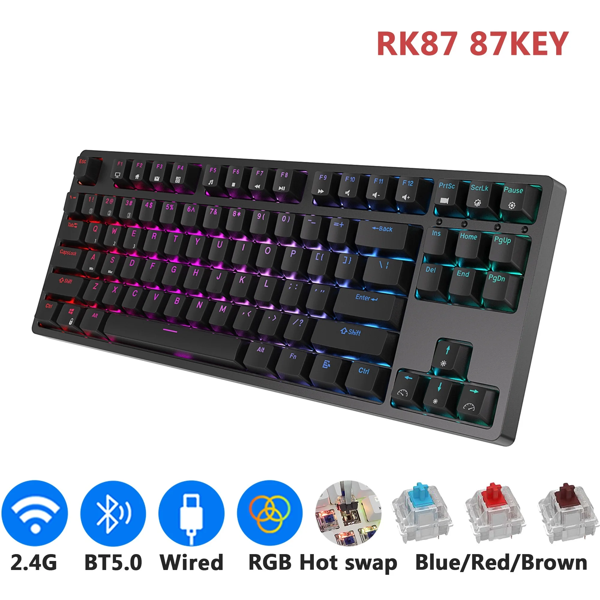 New RK87 Wireless RGB Backlight Gaming Mechanical Keyboard 87 Keys TKL Compact Office PC Type Writer 2.4G Bluetooth