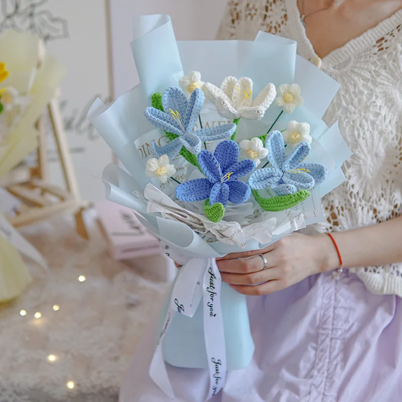 Finished Knitted Flowers Bouquets Artificial Tulip Crochet Bouquet Creative Gifts For Valentine Mothers' Day Birthday Graduation