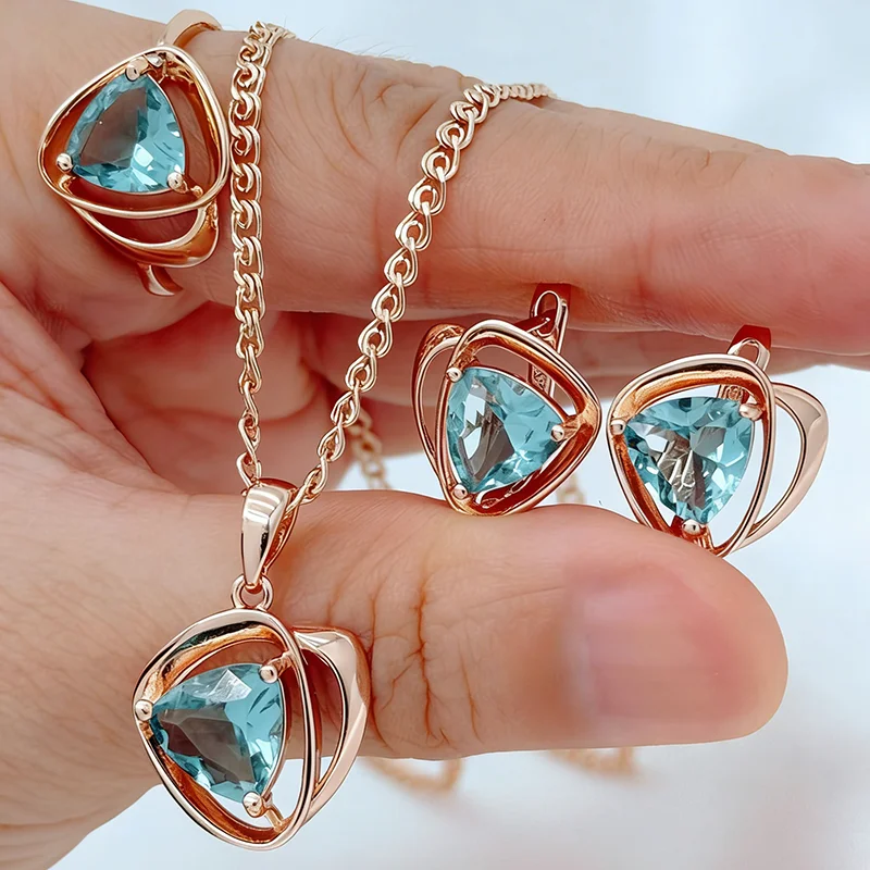 

Наборы украшений Kinel с блестящим синим натуральным цирконием для женщин, модные кольца, серьги, ожерелье из розового золота 585 пробы, 3 шт., винтажные украшения