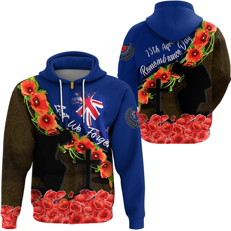 Anzac Day 3D Print Zip Up Hoodie For Men Clothes Lest We Forget Australia New Zealand Hero Sweatshirts Remember Flower Pullovers