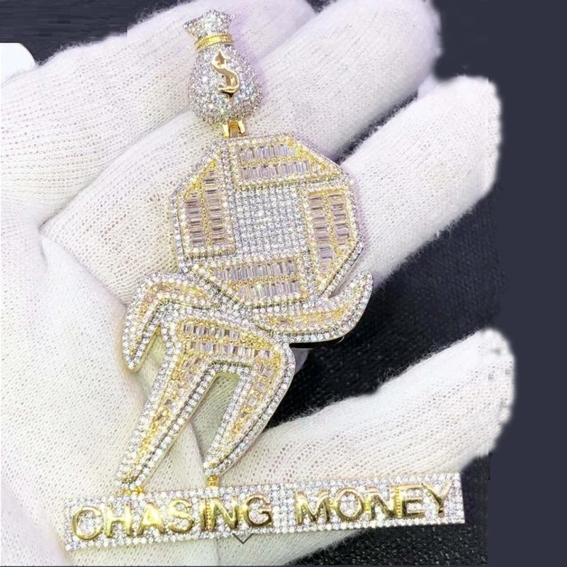 Hip Hop Iced Out Bling Fashion Jewelry Micro Paved 5A Cubic Zircon Cz Letters Chasing Money Dollar Boy Men's Pendant Necklaces