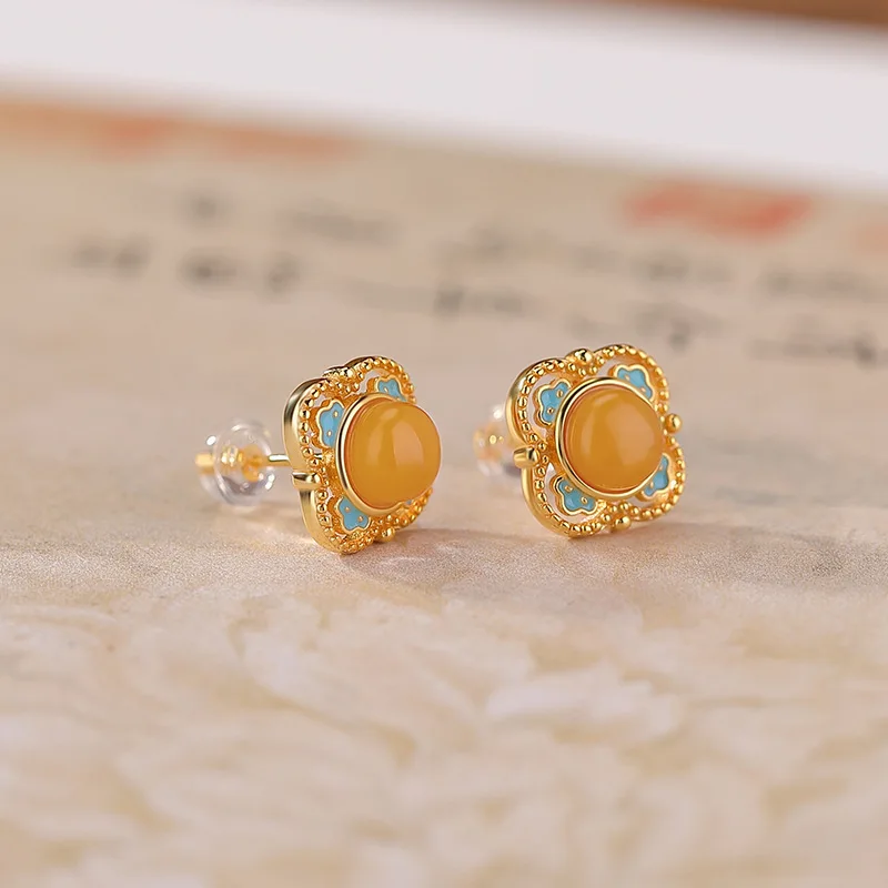 Amxiu Sterling Silver 925  Honey Wax Gold-Plated Square Ruyi Enamel Color Tooth Pattern Hollow Style Silver Earrings