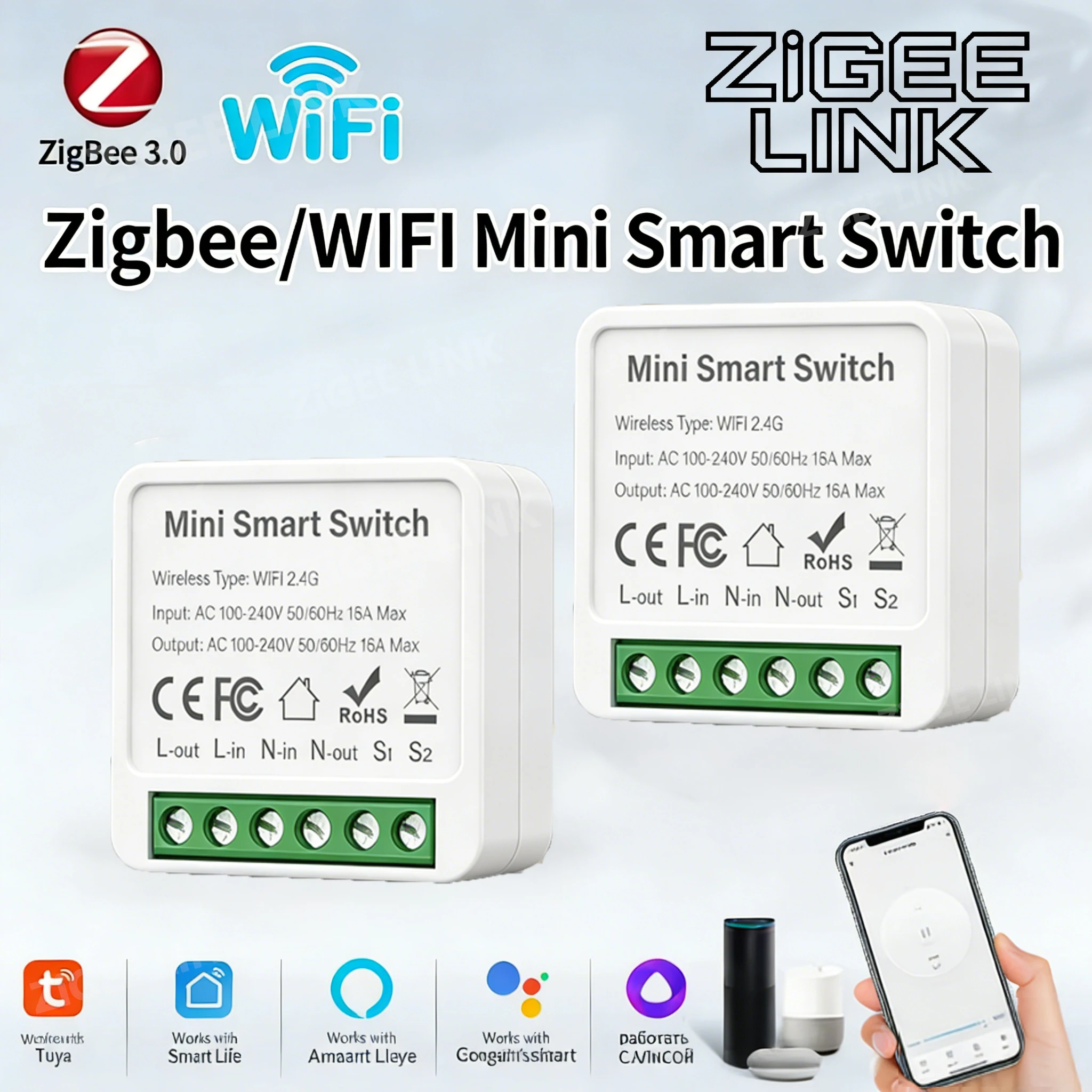 

Wi-Fi или Zigbee Tuya Smart Mini 2-стороннее управление, релейный модуль, домашняя автоматизация, голосовое управление, работает с Alexa Google Home