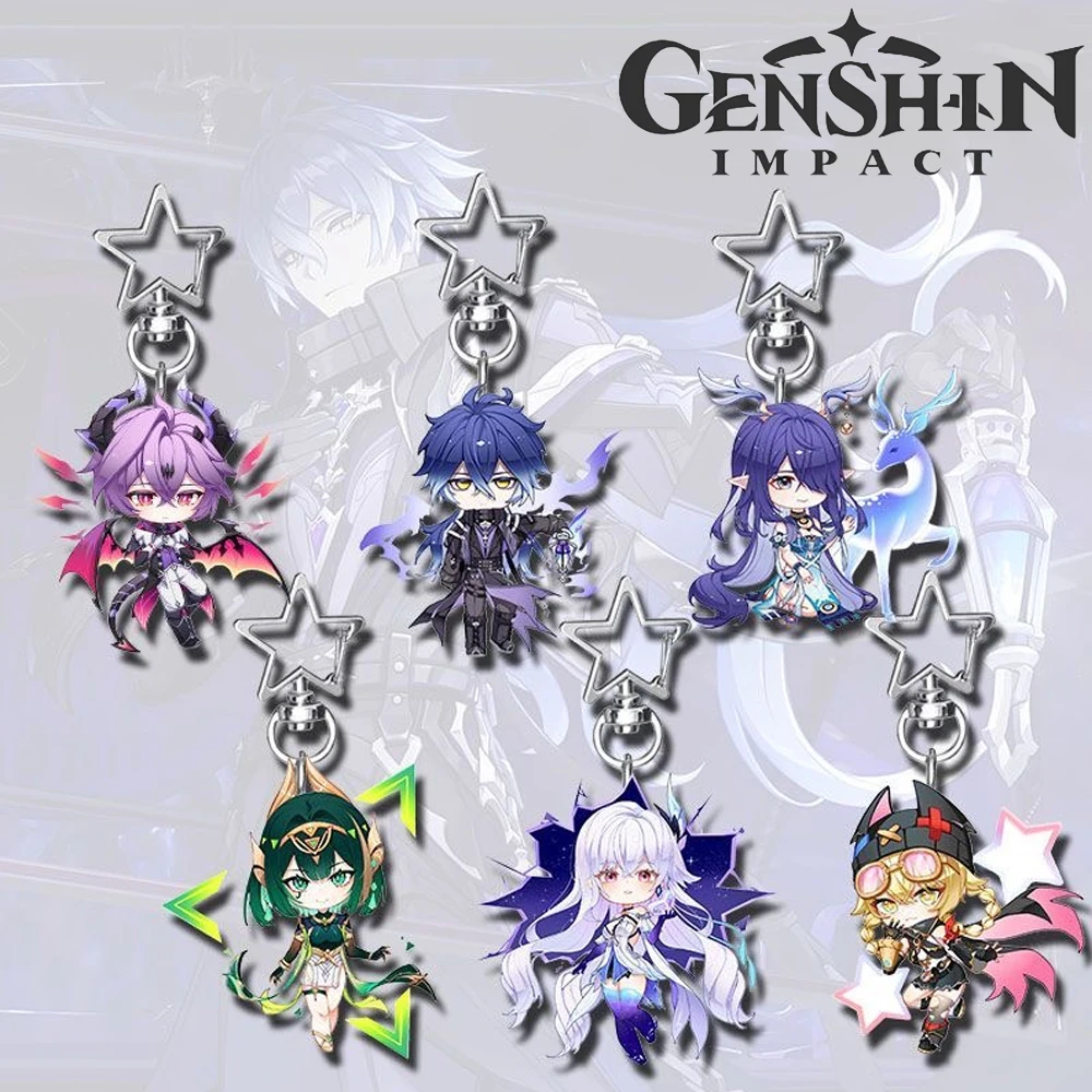 Game Genshin Impact Durin Flins Lauma Skirk Cosplay Key Chain Acrylic Keychain Backpack Decoration Metal Star Keyring Prop