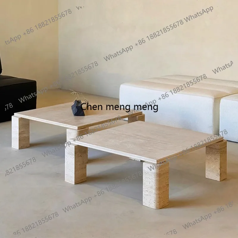 

Комбинация журнального и приставного столиков из натурального травертина, винтажный стол для гостиной, квадратный, креативный, дизайнерский.