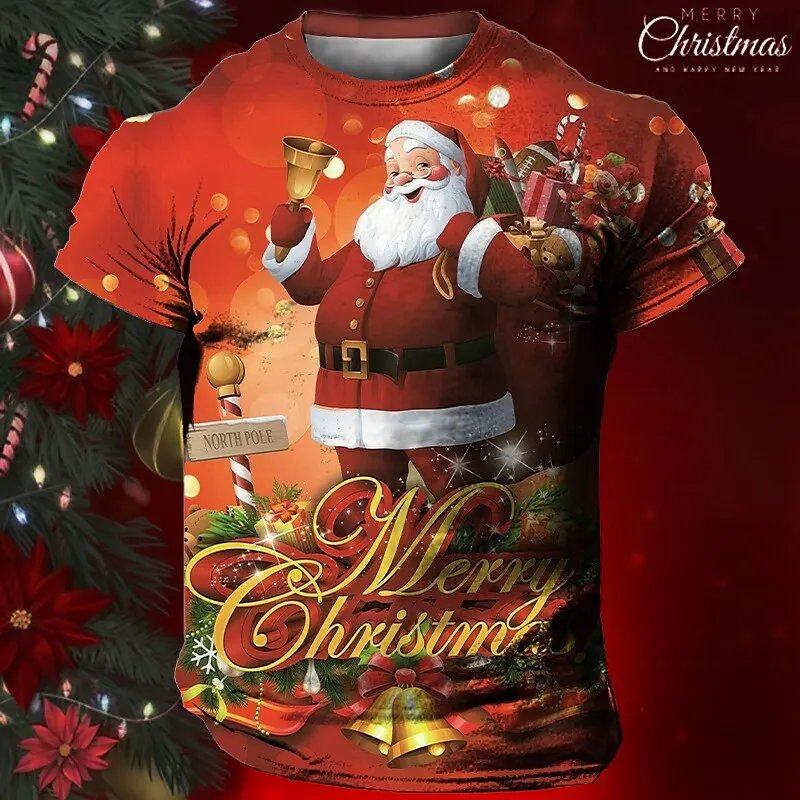 Funny Santa Claus Print Men\'s T Shirt Hip Hop X\'mas Harajuku New Year Clothes Casual O-neck Short Sleeve Tees Fashion Loose Tops