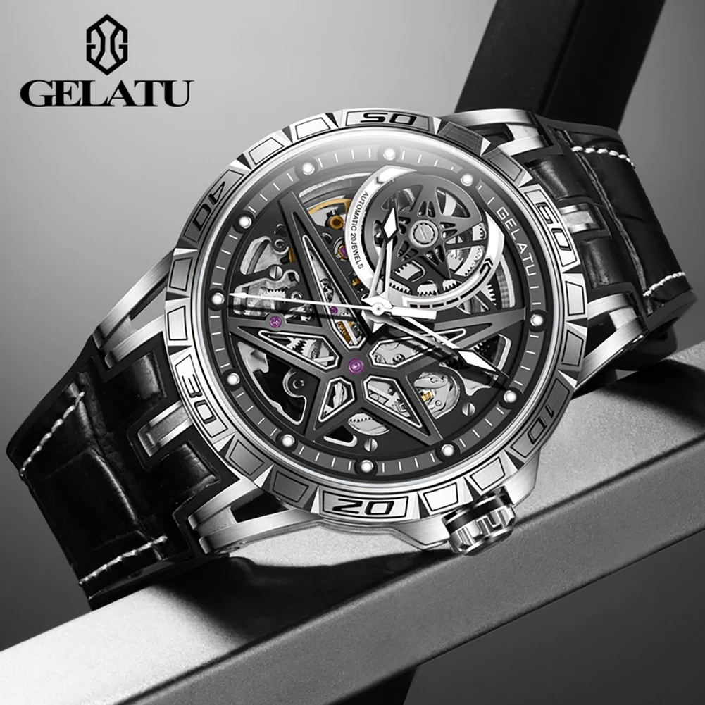 GELATU 6009 TOP Brand Men's Watches Skeleton Automatic Mechanical Movement Leather Strap Watch