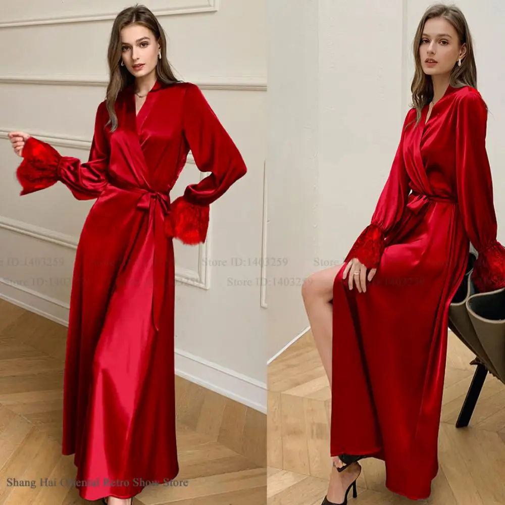 Women Long Kimono Bathrobe Nightgown Sexy Backless Lace Bride Wedding Robe Dress Ice Silk Female Sleepwear Loungewewar Homewear view 3