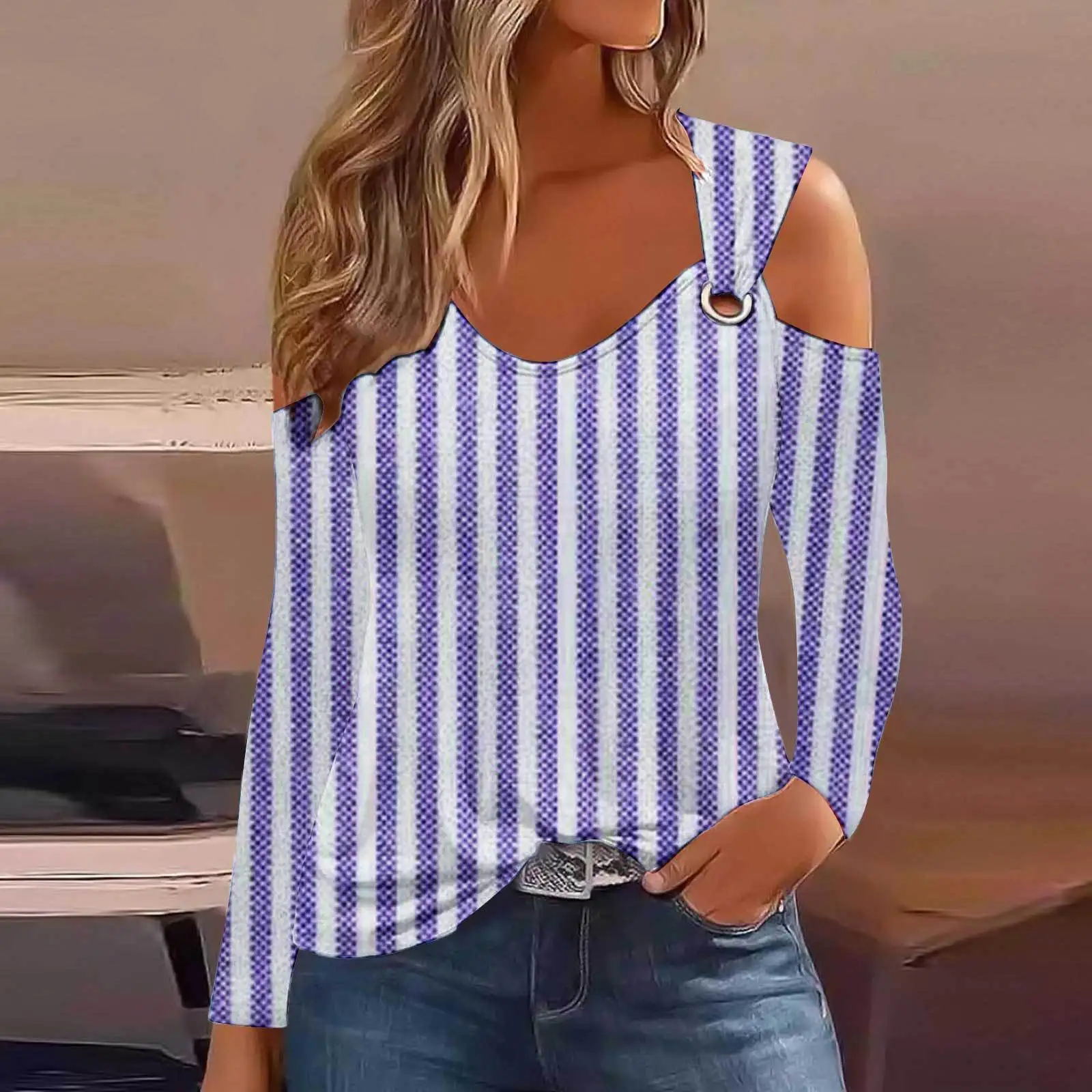 Casual Trend Off Shoulder Simple Striped Buckle T-Shirt Amazon Independent Station Aliexpress Wholesale