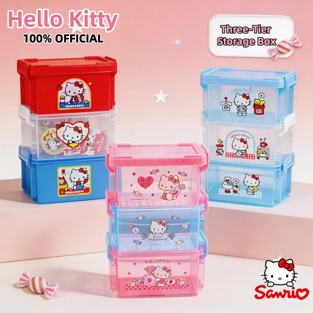 Genuine Hello Kitty Cartoon 3-Tier Storage Boxes Sanrio Desktop Dustproof Organizer For Bedroom Desk Stationery Cosmetic Storage