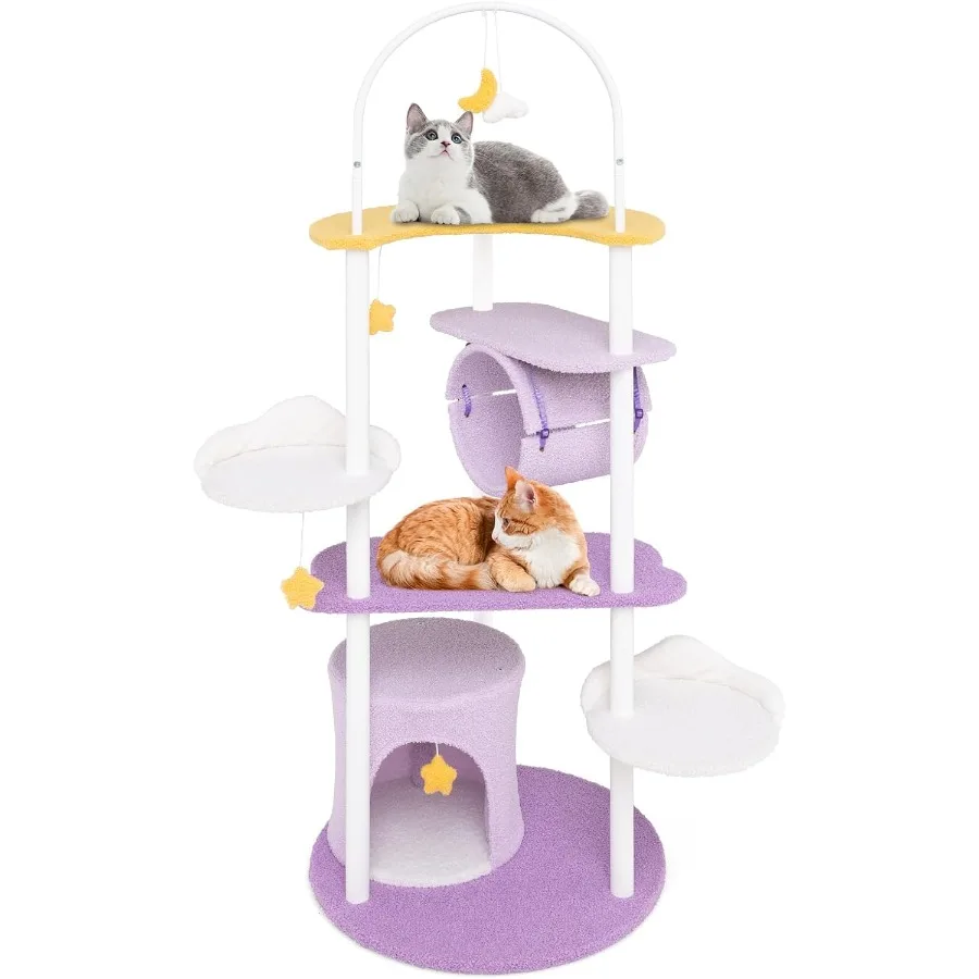 

Cute Cat Tree 62 Inch Multi-Level Large Cat Tower with Metal Frame Moon-Shaped Top Perch Jumping Platforms Cat Condo Tunnel Han