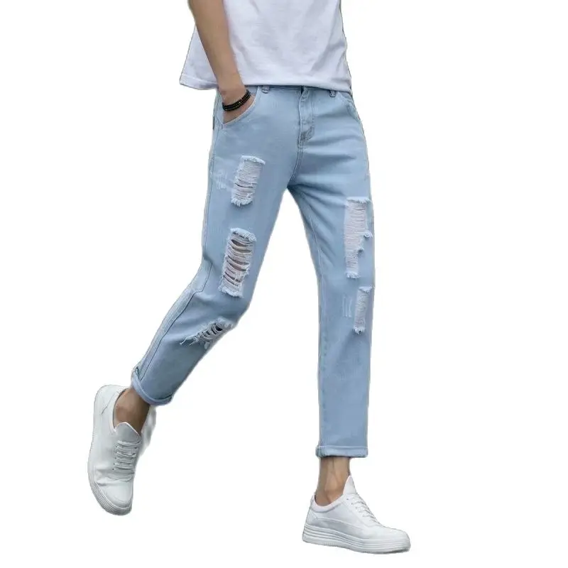 

Shattered Stretch Jeans Teenagers Cowboy 2022 Spring And Summer Slim Feet Korean Trendy Men's Wild Beggar Cropped Jeans Men