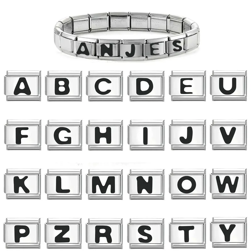 Pulsera italiana de acero inoxidable para mujer, eslabones con 26 letras A-Z, 9mm, novedad de 2025