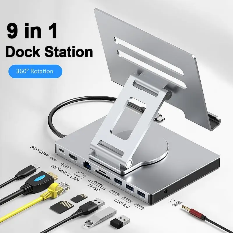 

For Notebook Tablet Adjustable Stand Type C Hub 4K60Hz Gigabit Ethernet USB 3.0 Aluminium Alloy Adapter 9 in 1 Docking Station