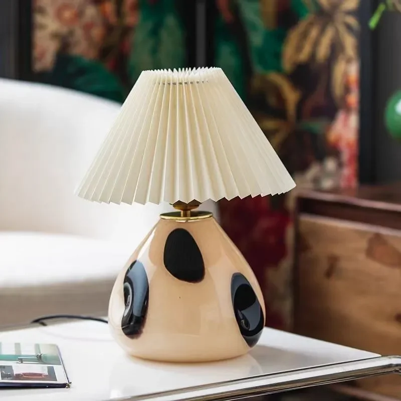 Nordic Style Ceramic Table Lamp Cute Polka Dot Design Pleated Shade Creative Bedroom Night Light for Girls Room Decor Small